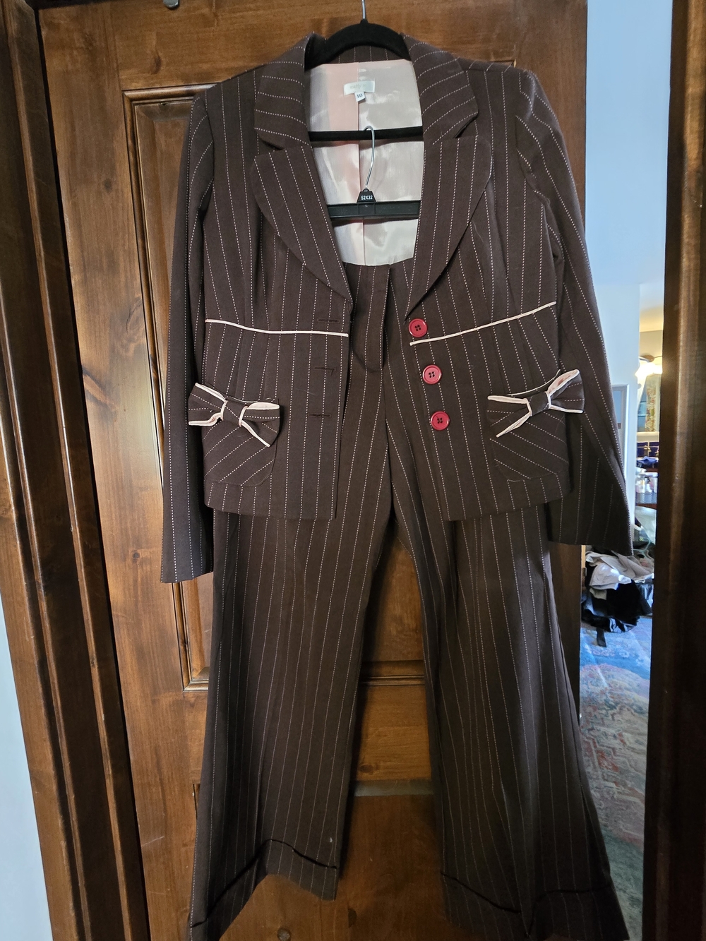 Matty M Brown Pinstripe Suit with Pink Trim